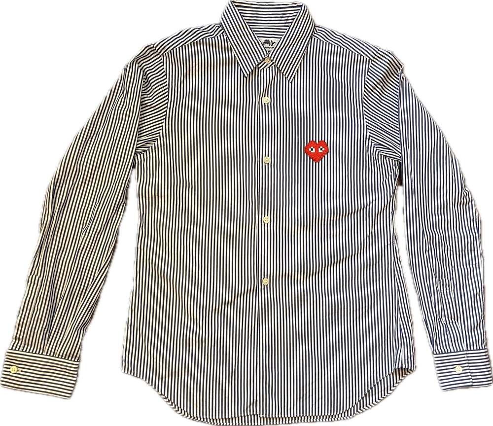 Comme des Garçons PLAY X Invader Pixel Heart Patch Striped Button-Down Shirt